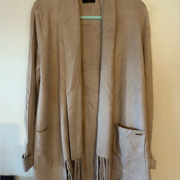T Tahari Beige Fringe Cardigan Sweater - Picture 5 of 9